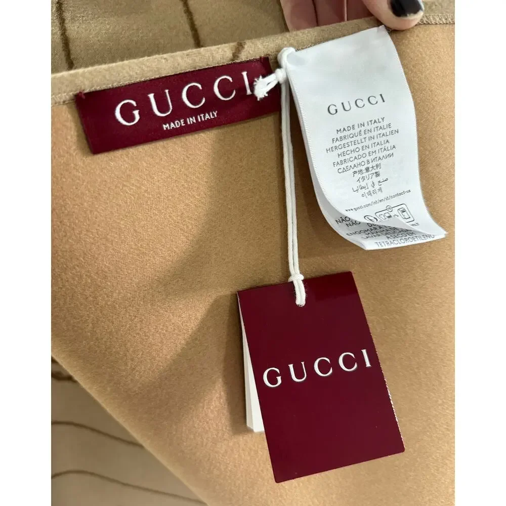 Gucci Interlocking G Striped Wool Poncho Cape Shawl Wrap – Brown Logo